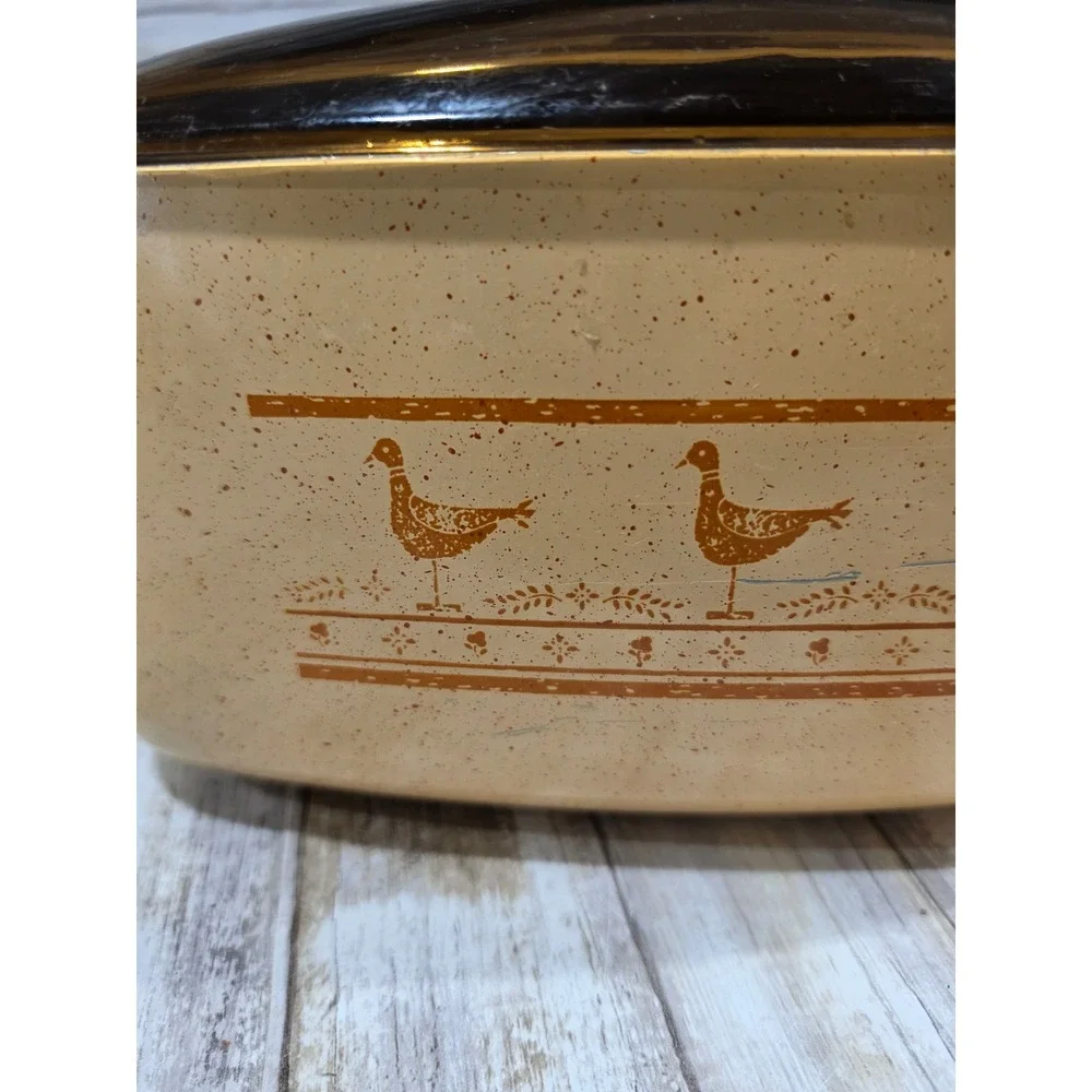 Vintage West Bend Speckled Tan Bird Motif Slow Cooker Deep Pan w/ Lid NO‎ BASE